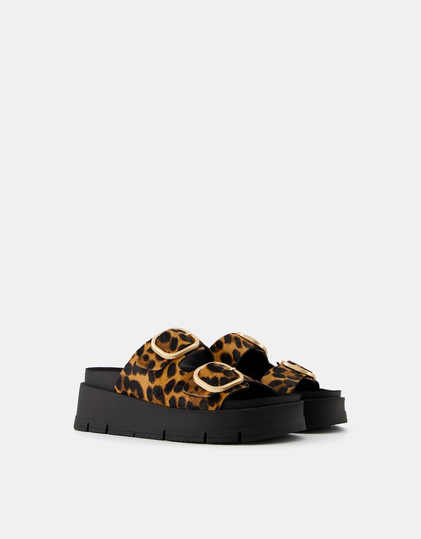 Leather Animal Print Flat Slider Sandals