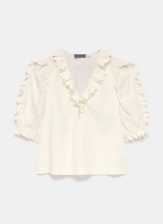 White Cotton Scallop Trim Blouse
