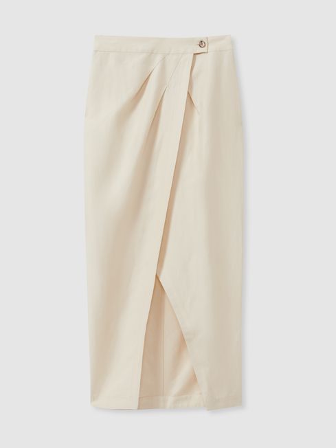 Wrap Front Midi Skirt With Linen