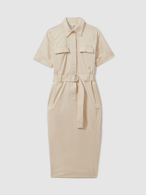 Cotton Blend Utility Belted Midi Dress