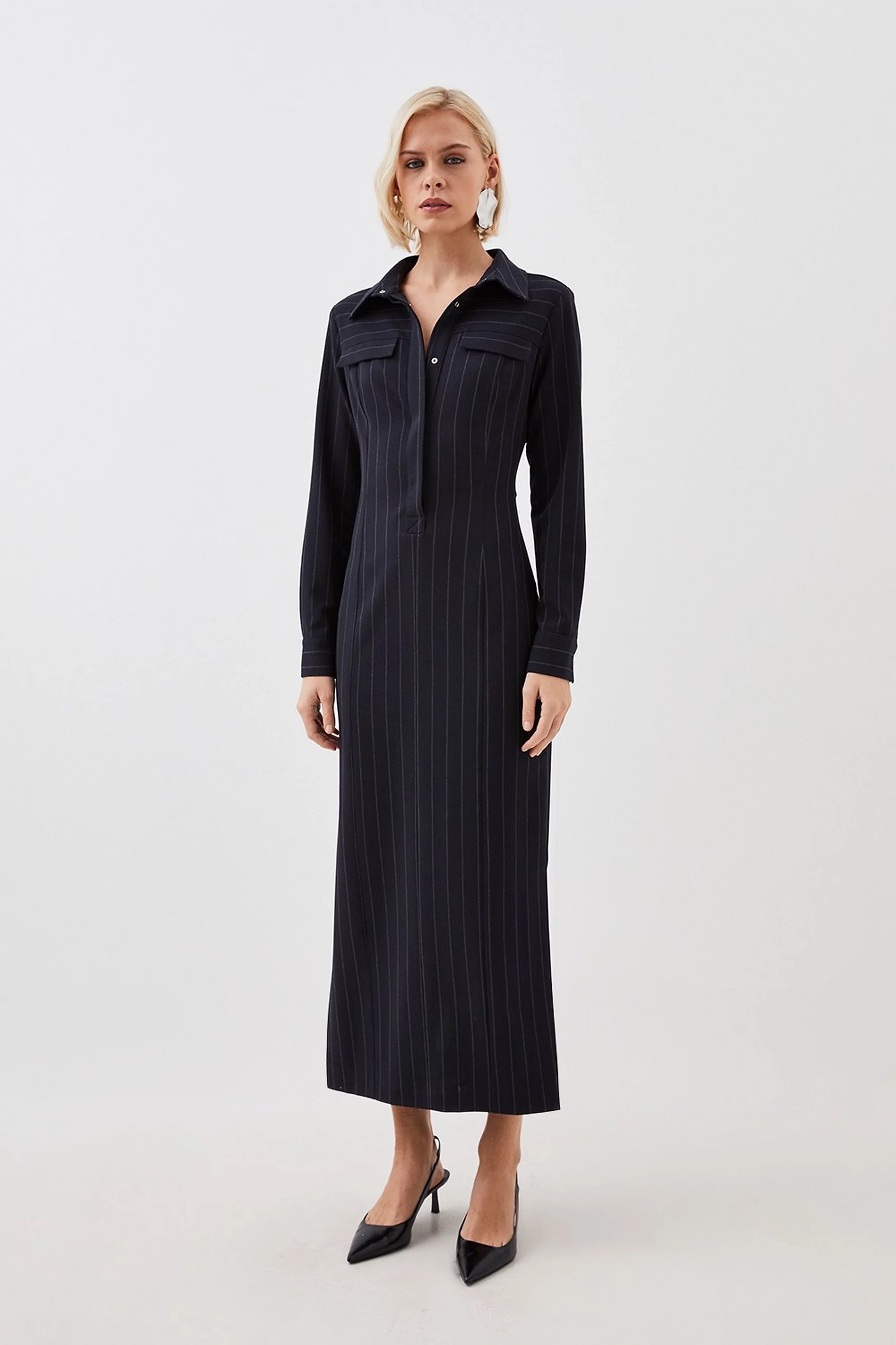 Pinstripe Stretch Crepe Tailored Midi Shirt Dress