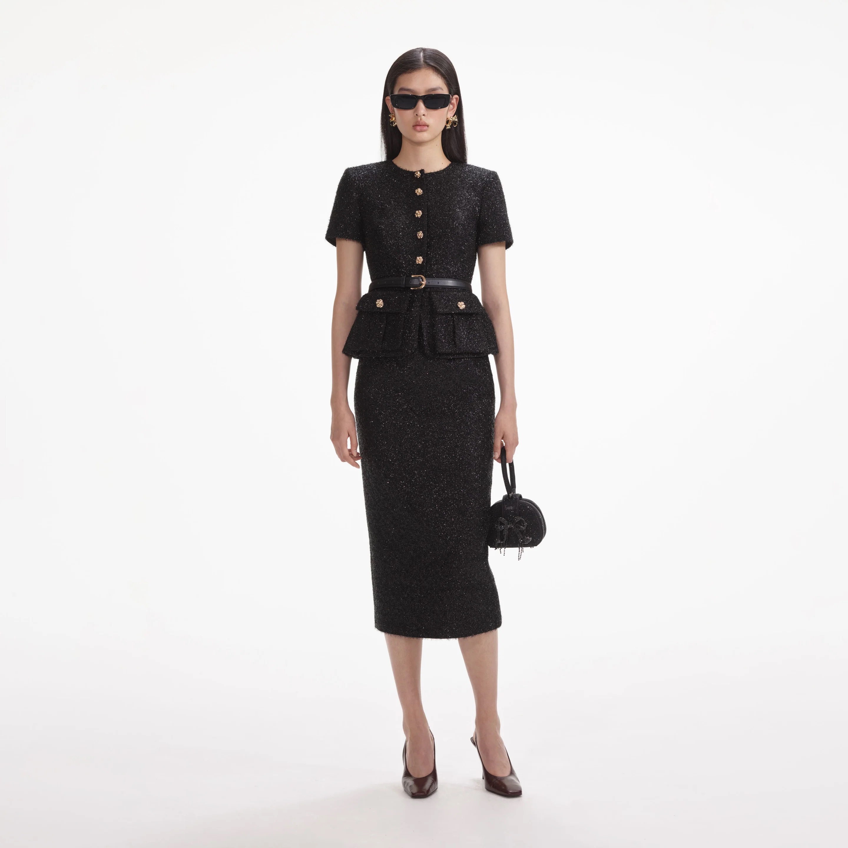 Self Portrait — Black Tinsle Boucle Tailored Dress