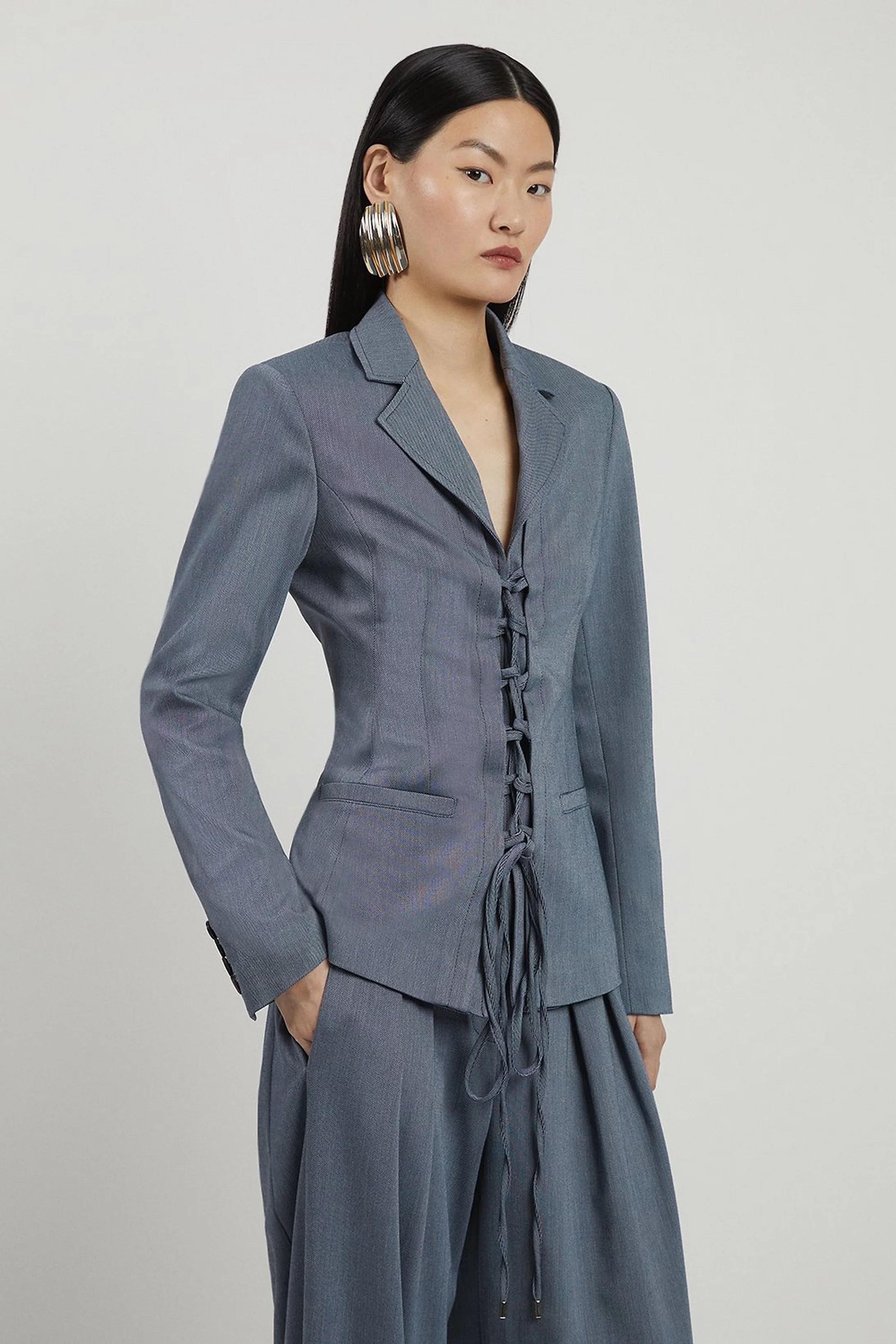 Karen Millen — Corseted Tie Detail Front Tailored Longline Blazer