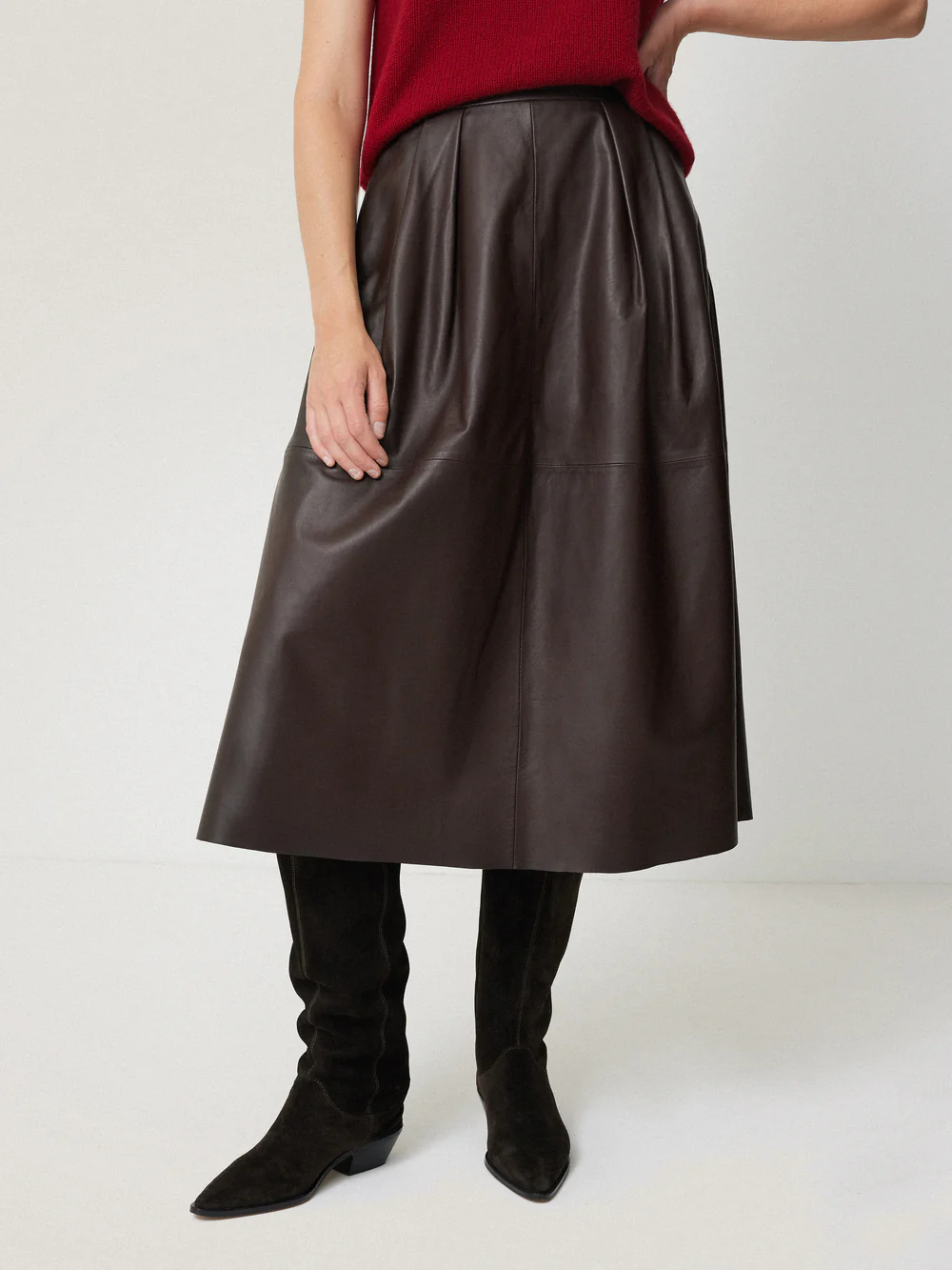 Leather Pleat Midi Skirt