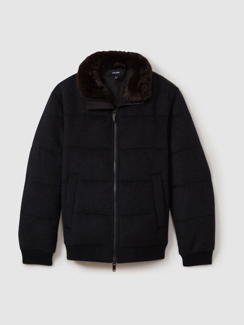 Quilted Wool Blend Herringbone and Faux Fur Jacket 