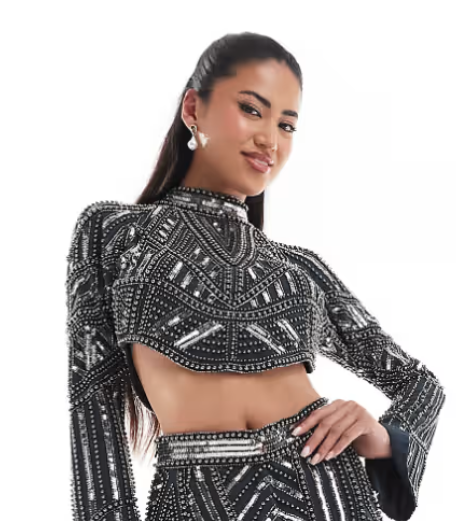 High Neck Top With Pearl And Sequin Embellishment