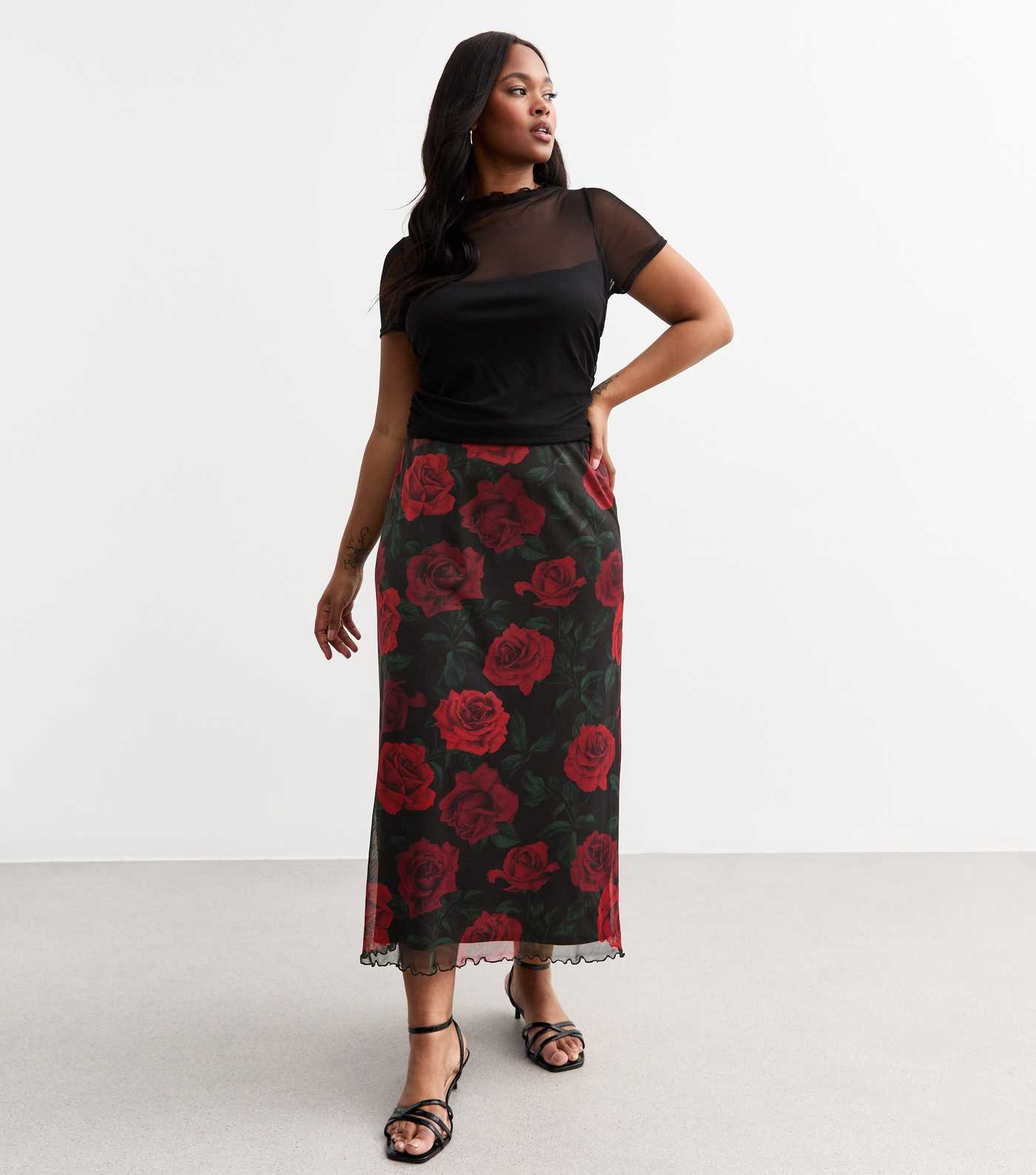 Rose Print Mesh Skirt 