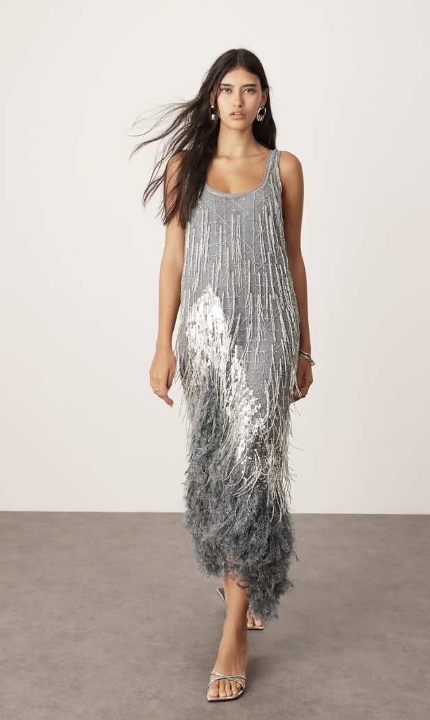 Scoop Neck Embellished Tassel Midi Dress With Faux Feather Hem