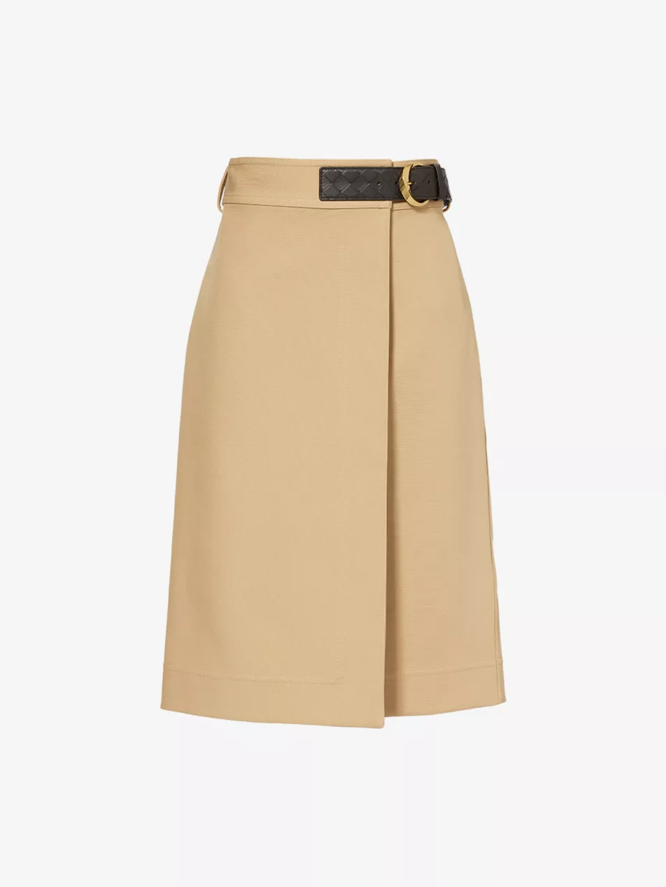 Intrecciato-Trim Wrap-Front Cotton Midi Skirt